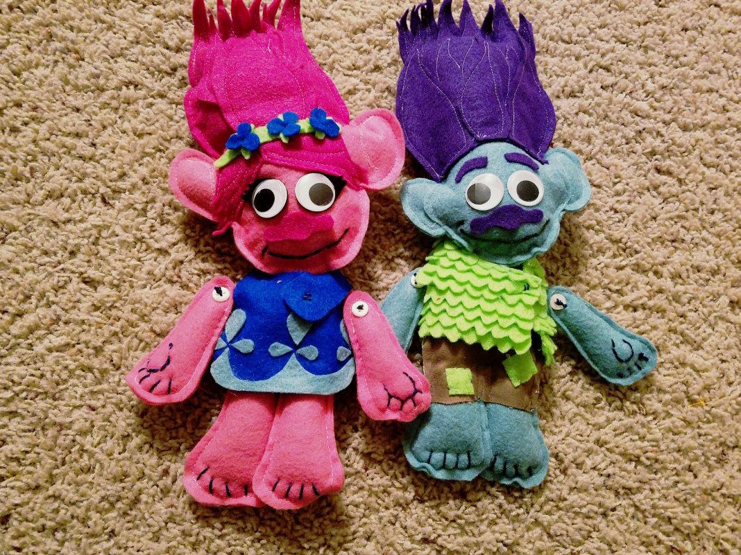 Poppy and Branch Troll dolls made from felt. 