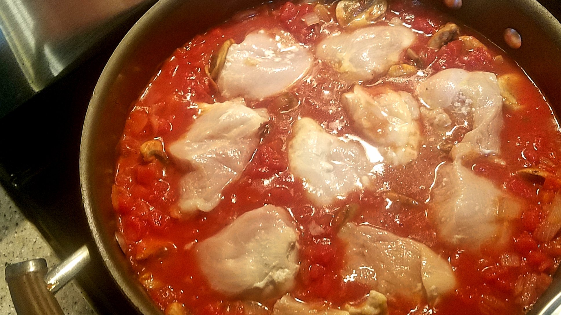 Surrounded by simmering tomatoes, mushrooms and onions, the chicken soaks in the flavor and becomes perfectly tender while it cooks. 